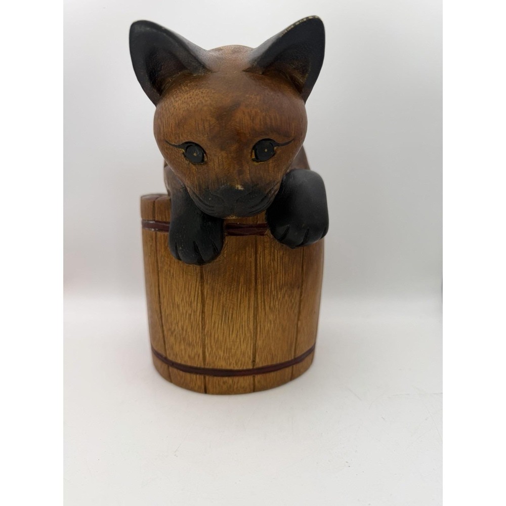 Vintage Hand Carved Wooden Cat Inside Barrel Black Paws Nose Mid Century Modern